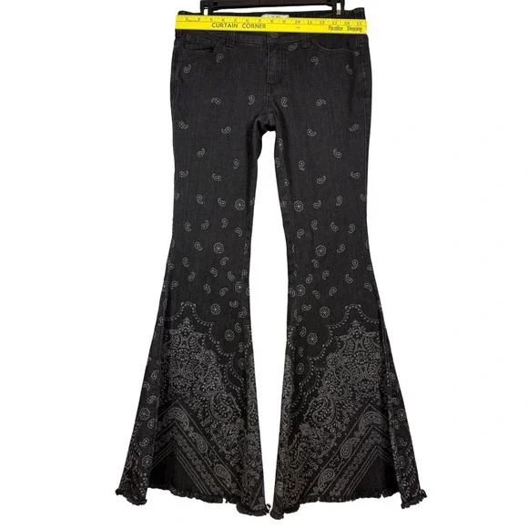 FREE PEOPLE Denim Super Flare Bandana Jeans, Black, Distressed Hem, Size 27 - Picture 5 of 10